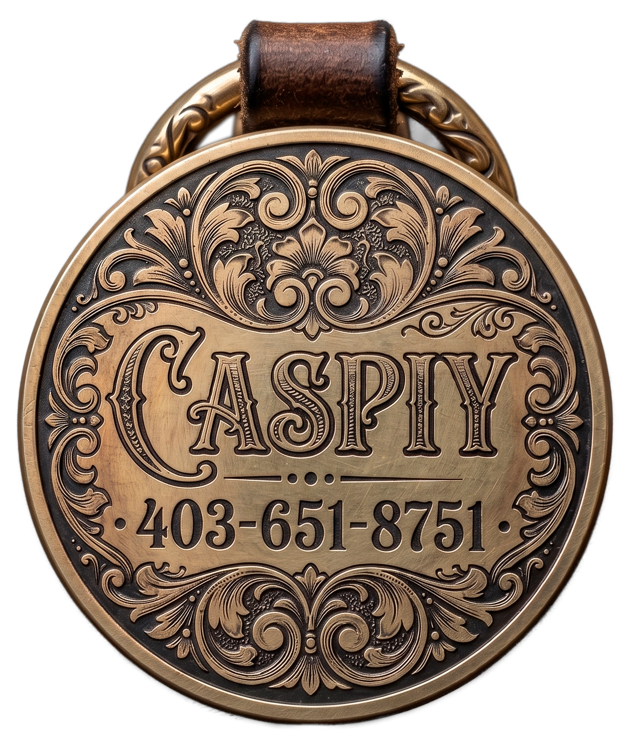 Solid brass pet tag with hand-engraved name and phone number
